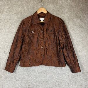 Coldwater Creek Jacket Womens Medium Petite Brown Button Front Embroidered- 3920